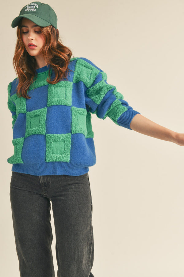 Textured Checkered Sweater Pullover Blue Green