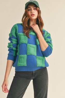 Textured Checkered Sweater Pullover Blue Green