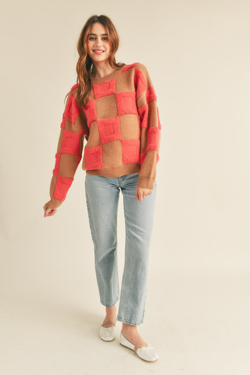 Textured Checkered Sweater Pullover Taupe Magenta