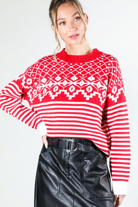 Long Sleeve Pattern Detail Sweater Red