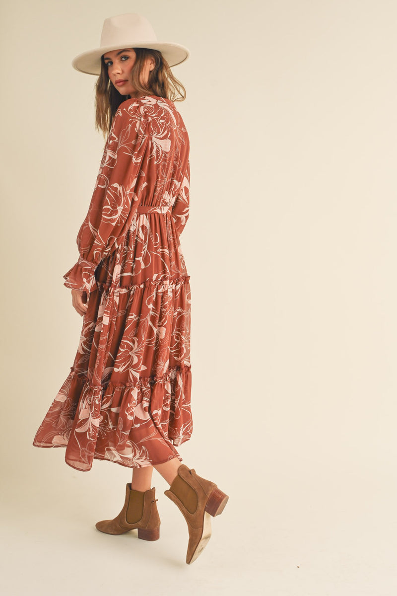 Tiered Button Down Midi Dress Brown