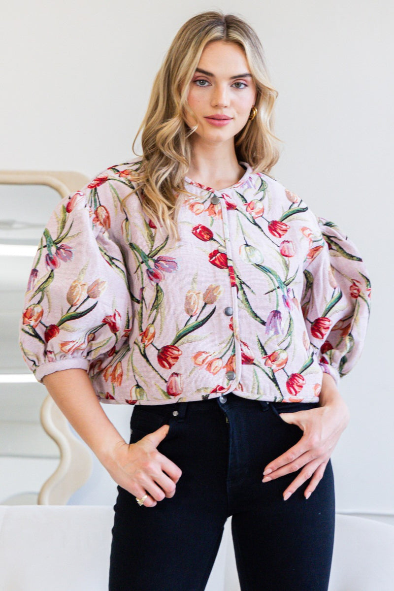 Floral Jacquard Cropped Jacket Pink