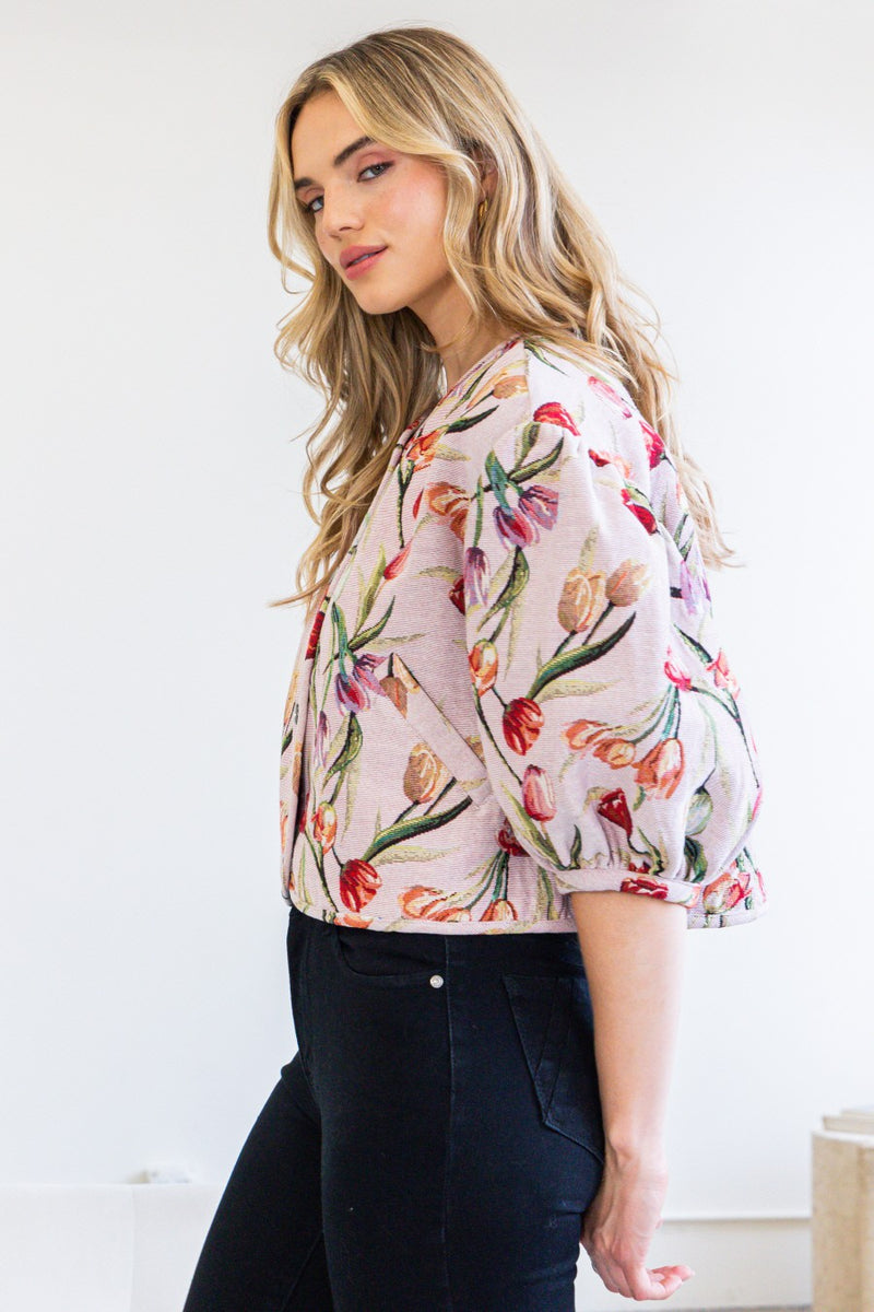 Floral Jacquard Cropped Jacket Pink