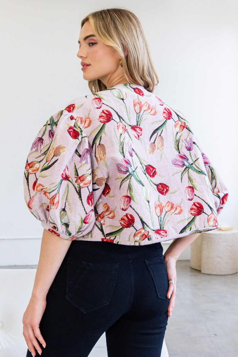 Floral Jacquard Cropped Jacket Pink