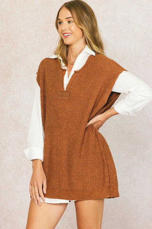 Tunic Patch Vest Sweater Chestnut