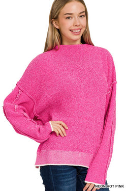 Raw Seam Chenille Sweater Neon Hot Pink