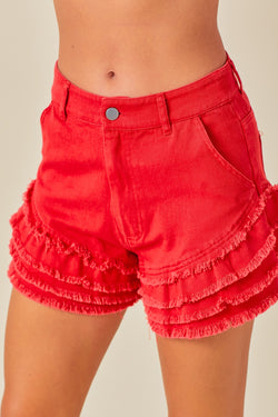 MULTI TIERED RAW EDGE DENIM SHORTS RED