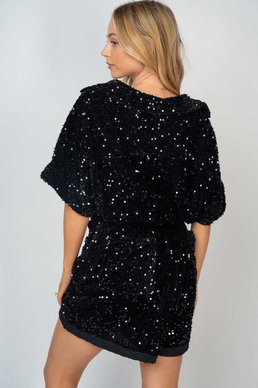 Half Sleeve Sequin Knit Romper Black