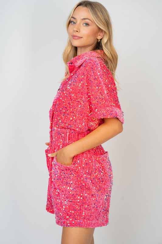 Half Sleeve Sequin Knit Romper Fuchsia