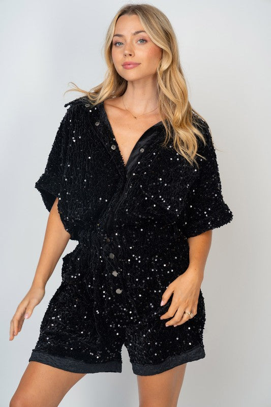 Half Sleeve Sequin Knit Romper Black