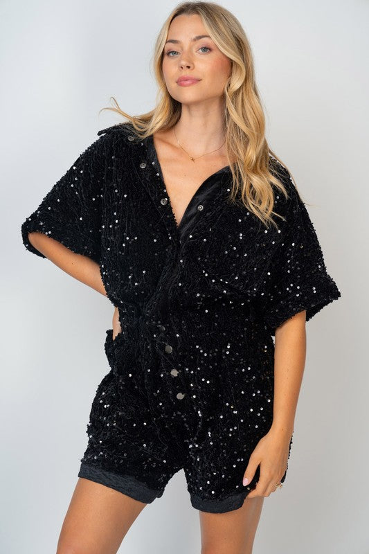 Half Sleeve Sequin Knit Romper Black