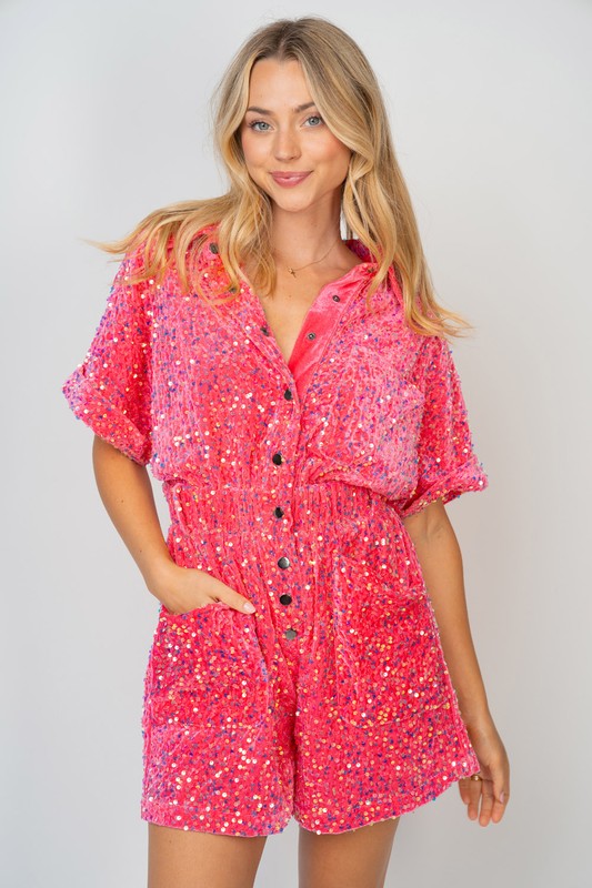 Half Sleeve Sequin Knit Romper Fuchsia