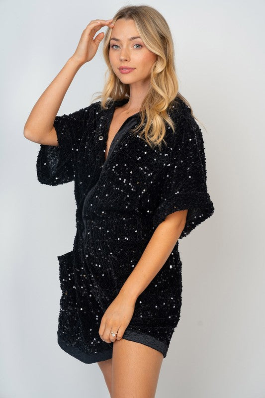 Half Sleeve Sequin Knit Romper Black