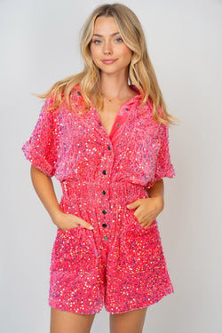 Half Sleeve Sequin Knit Romper Fuchsia