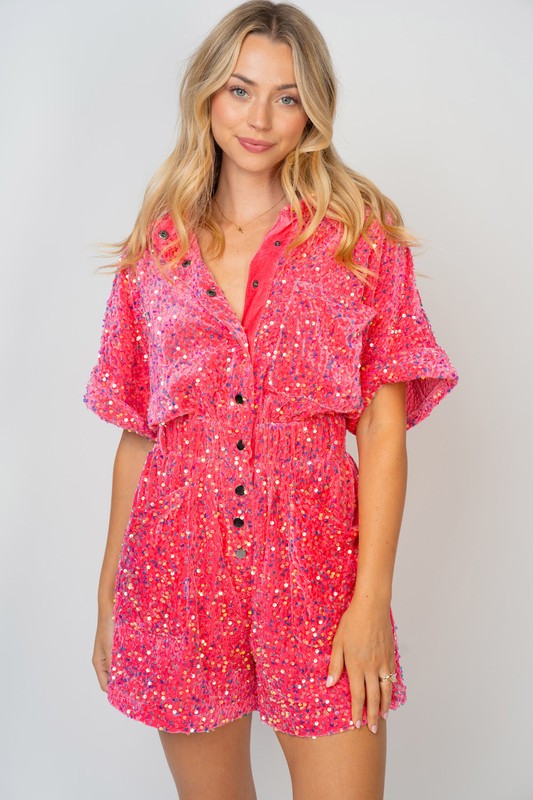 Half Sleeve Sequin Knit Romper Fuchsia