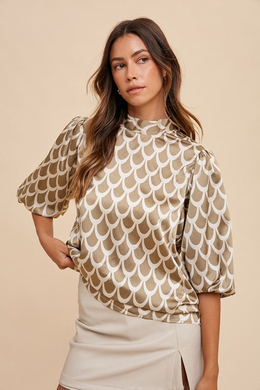 Abstract Print Tie Back Top Taupe