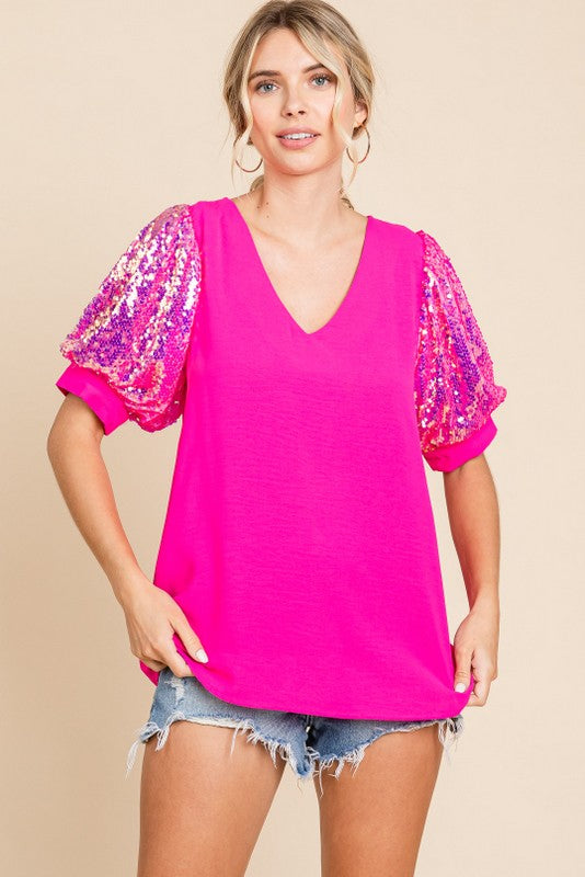 Puff Sleeves Top W/ Sequins Hot Pink