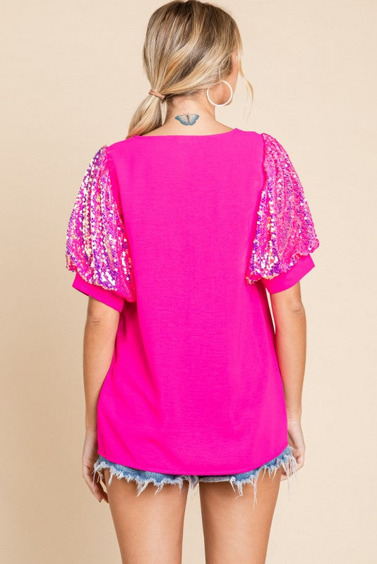 Puff Sleeves Top W/ Sequins Hot Pink