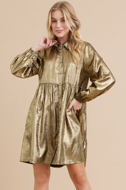 Metallic Button-up Baby Doll Dress Gold/Black