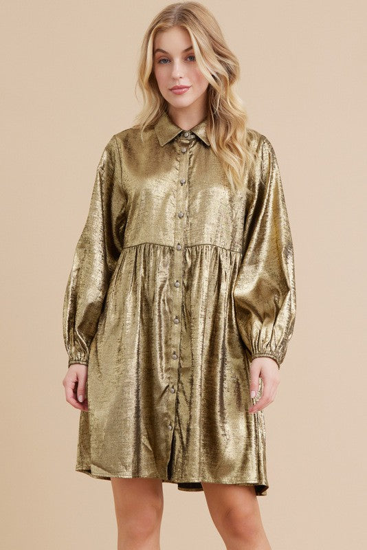 Metallic Button-up Baby Doll Dress Gold/Black