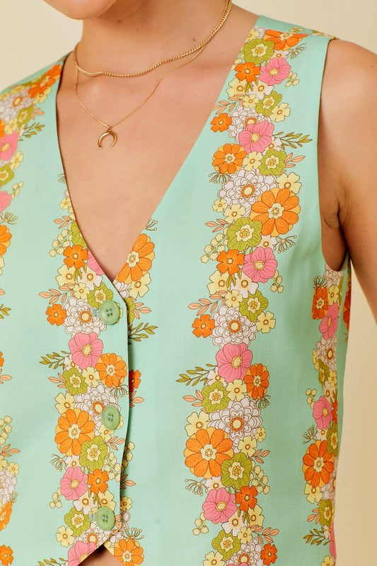 Floral Border Printed Vest Sage