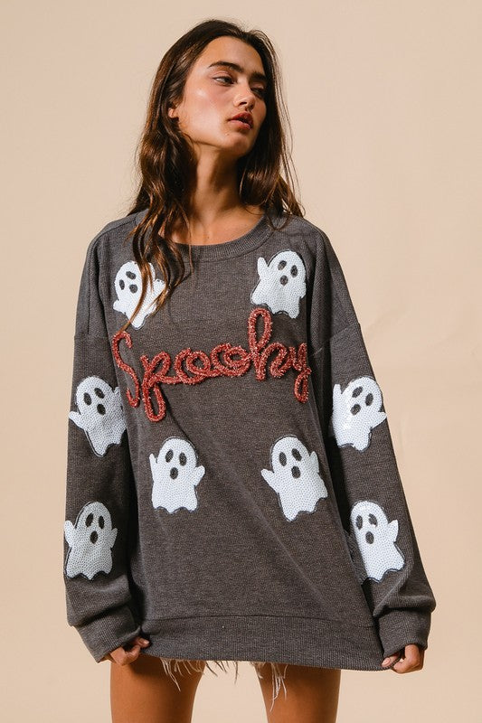 Sequin Ghost Patch Spooky Pullover Charcoal