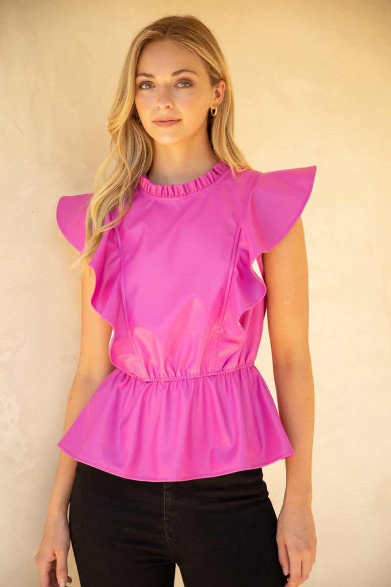 Ruffle Detailed Faux Leather Top Pink