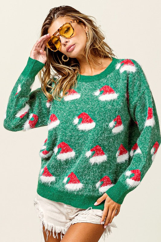 Santa Hat Eyelash Christmas Sweater Green