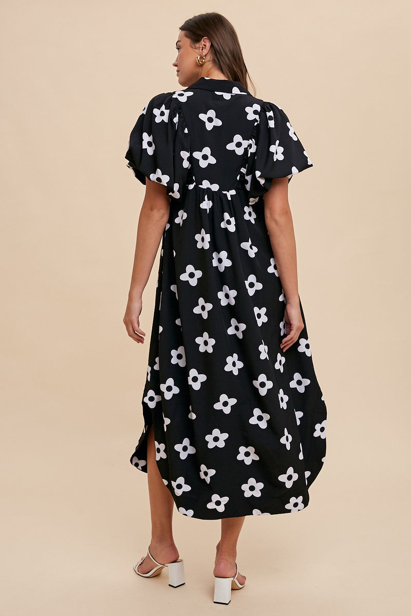 Floral Print Smock Detail Maxi Dress Black