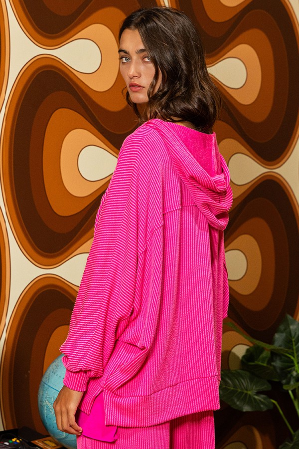 Button Up Solid Knit Hoodie Fuchsia