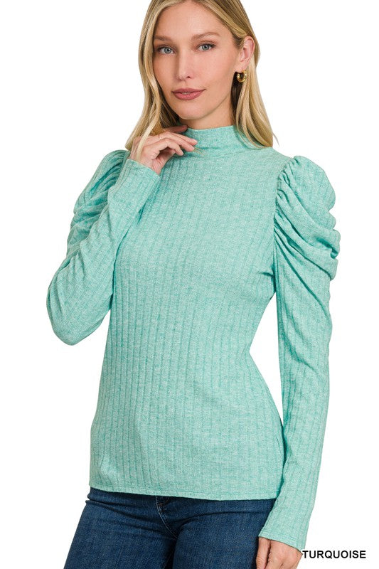 Ribbed Puff Sleeve Mock Neck Top Turquoise