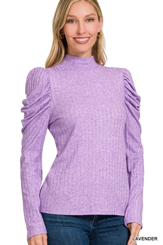 Ribbed Puff Sleeve Mock Neck Top Lavender