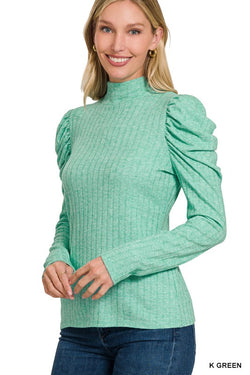 Ribbed Puff Sleeve Mock Neck Top Kelly Green