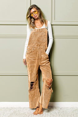 Distressed Cordurory Overalls Camel