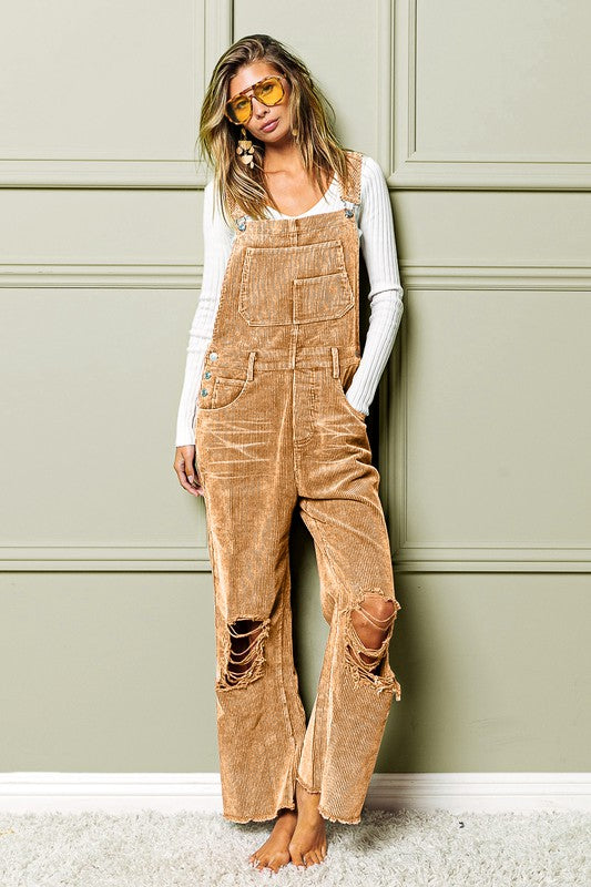 Distressed Cordurory Overalls Camel