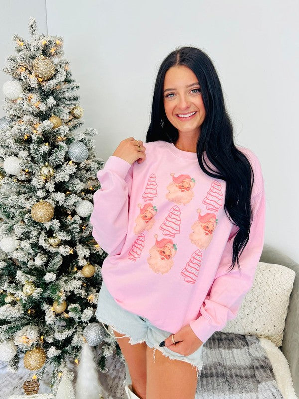 Santa Christmas Tree Cake Sweatshirt Light Pink