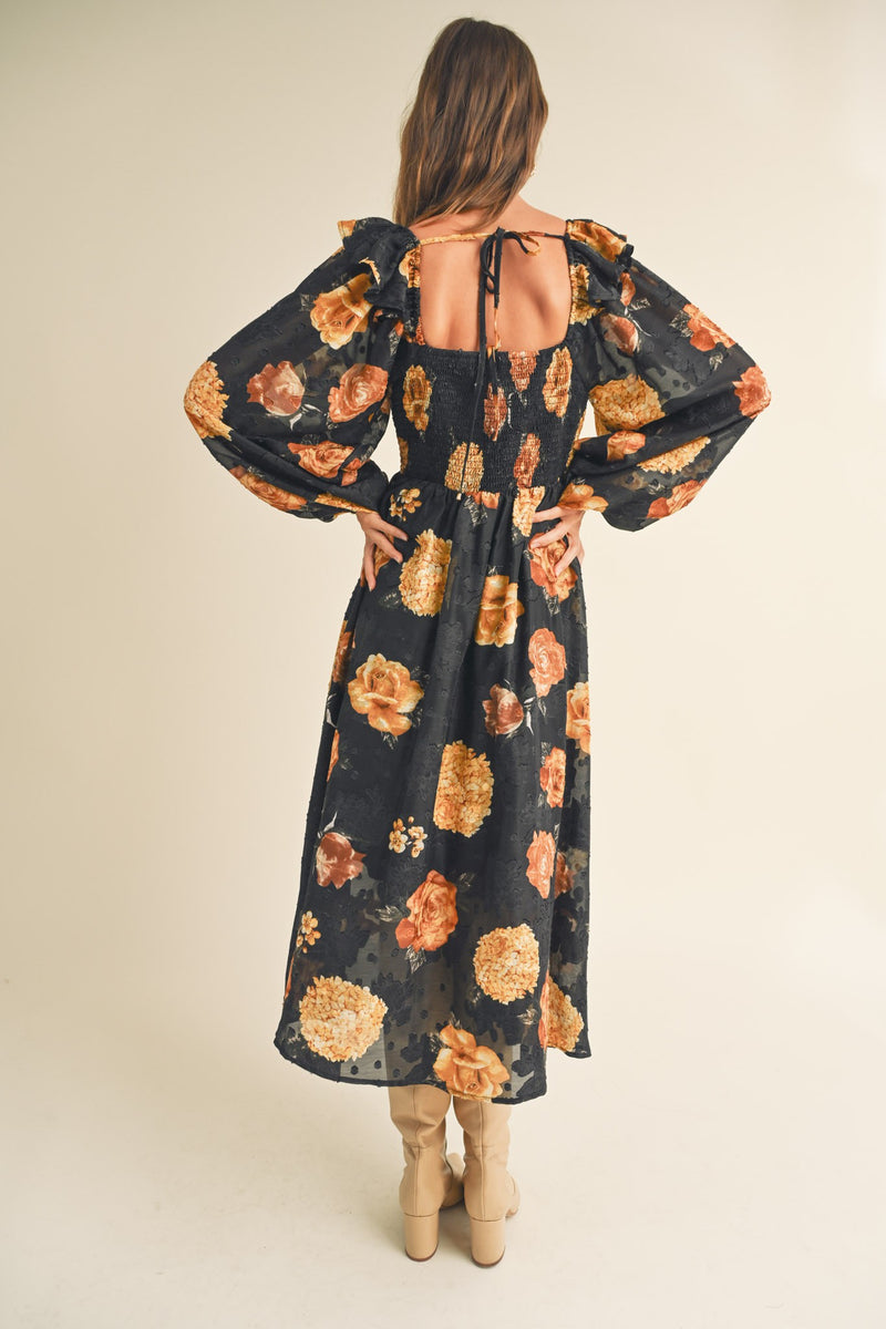 Chiffon Balloon Sleeve Midi Dress Black Floral