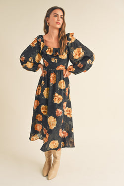 Chiffon Balloon Sleeve Midi Dress Black Floral