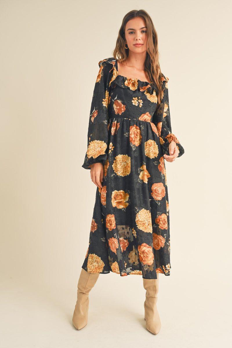 Chiffon Balloon Sleeve Midi Dress Black Floral