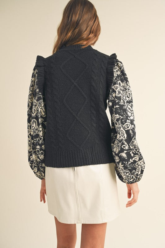 Cable Knit Floral Sleeve Sweater Top Black