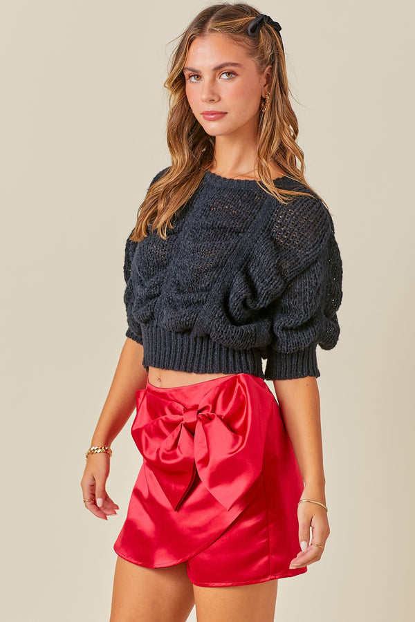 Cropped Shirring Detail Knit Sweater Top Black