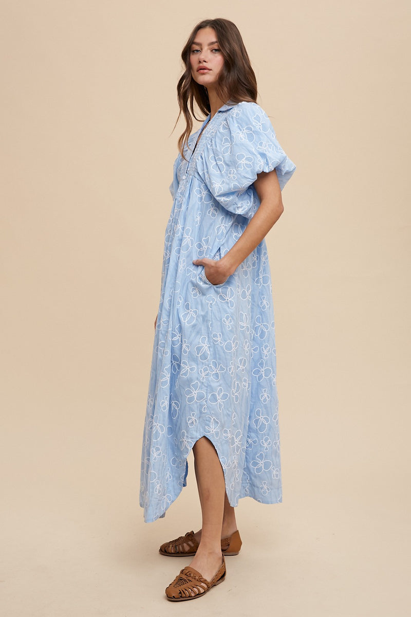 Floral Print Smock Detail Maxi Dress Sky