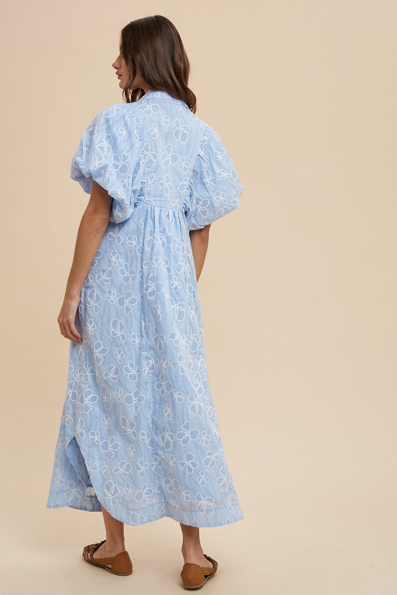 Floral Print Smock Detail Maxi Dress Sky