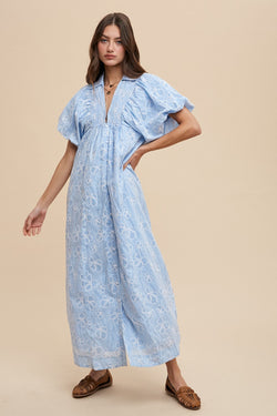 Floral Print Smock Detail Maxi Dress Sky