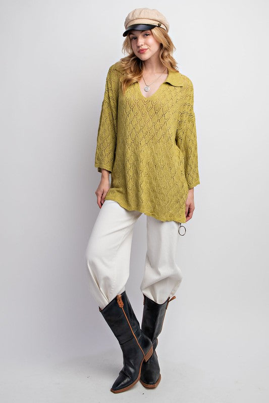 Leaf Patterned Knitted Sweater Top Matcha