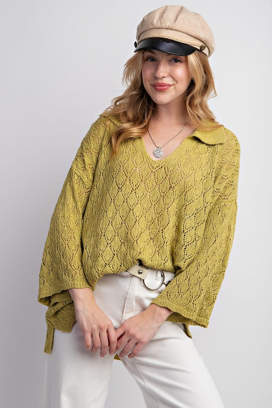 Leaf Patterned Knitted Sweater Top Matcha