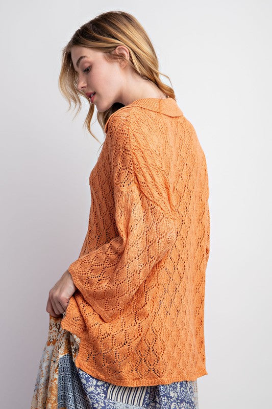 Leaf Patterned Knitted Sweater Top Tangerine