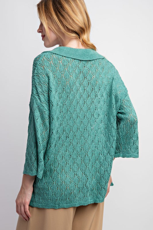 Leaf Patterned Knitted Sweater Top Teal