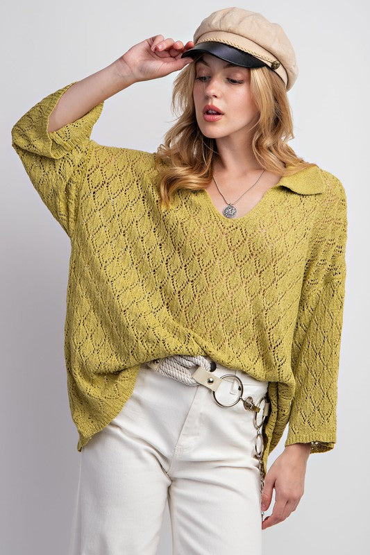 Leaf Patterned Knitted Sweater Top Matcha