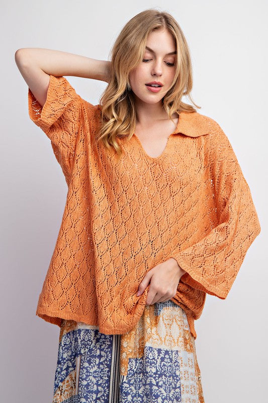 Leaf Patterned Knitted Sweater Top Tangerine